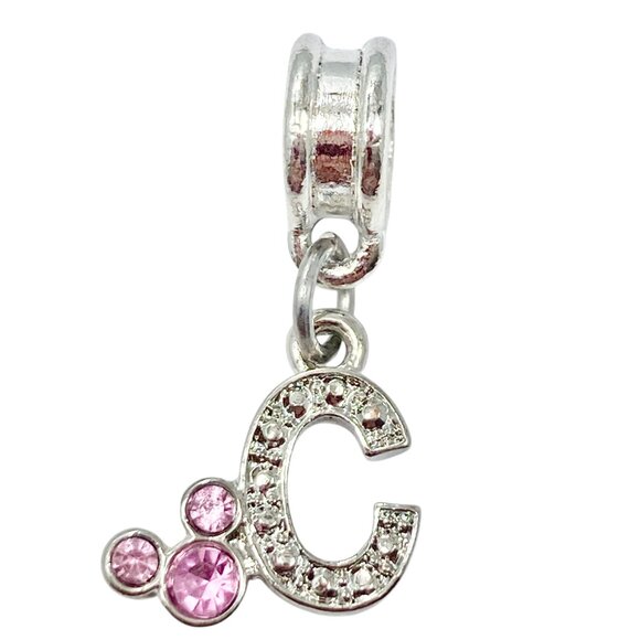 Vtg Disney Pink Crystal Mickey Mouse Ears European Slide Charm Initial Letter C - Picture 6 of 6